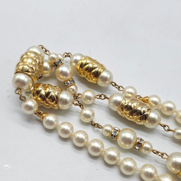 Vintage Faux Pearl Gold Tone Beaded Necklace With Rhinestone Accents No Clasp - Picture 5 of 8